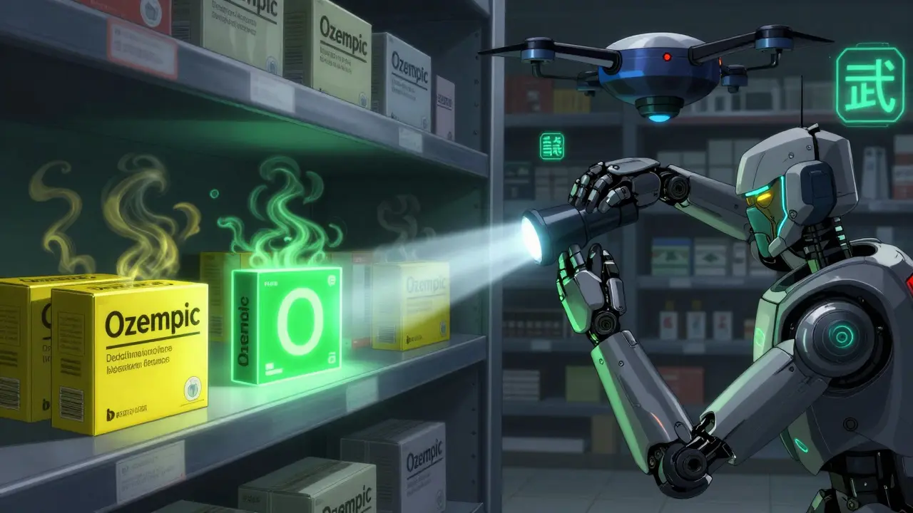 A UV light exposes a hidden green 'O' on genuine medication as fakes emit toxic smoke.