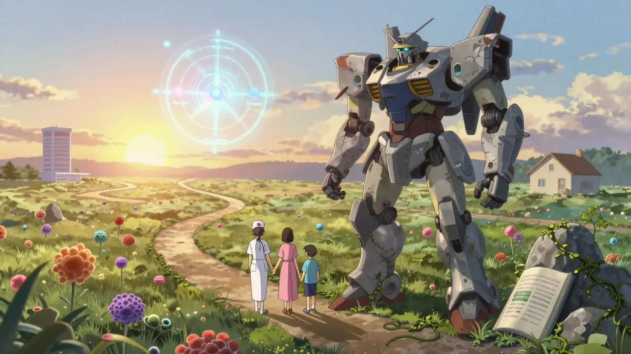 A weathered treatment mecha standing peacefully in a field of immune flowers, with a patient and nurse walking beside a glowing values compass.