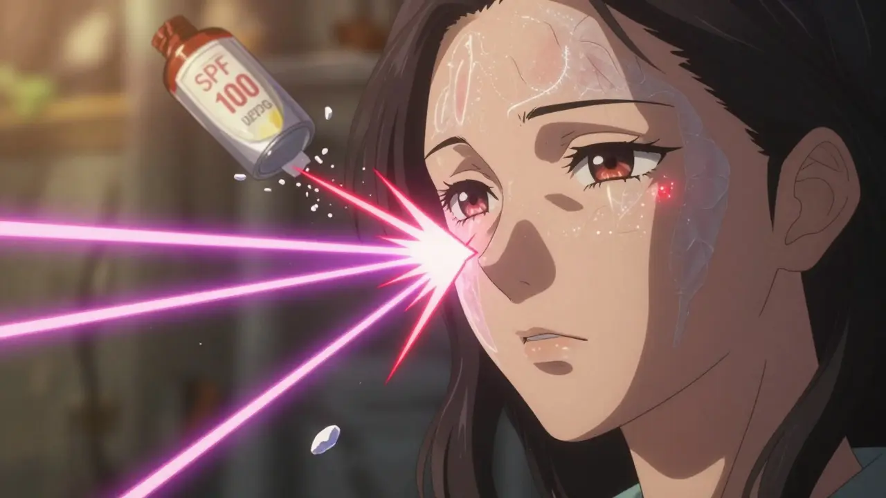 A woman's face protected by a shimmering sunscreen shield deflecting harmful UV rays as glowing residue forms near her eyes.