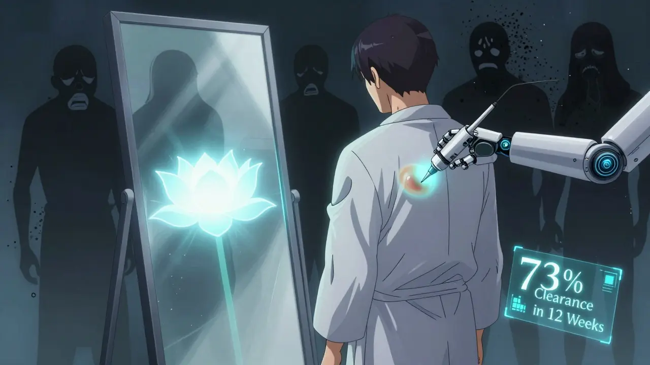 Adult viewing molluscum bumps in mirror as a robotic device applies treatment, with symbols of healing in the background.