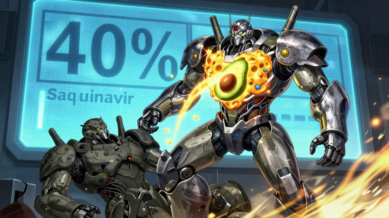 An armored medication mech powered by a high-fat meal, glowing brighter than its deactivated counterpart.