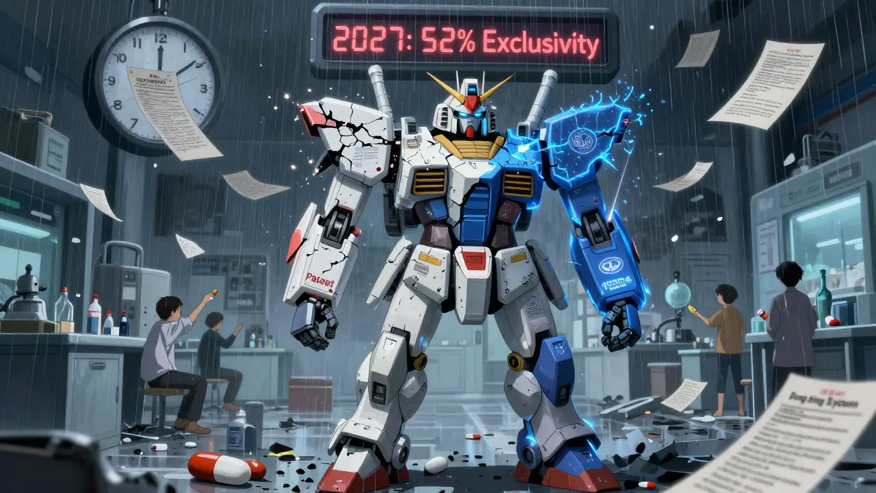 Broken dual-core mech representing patent and exclusivity in a ruined drug lab.