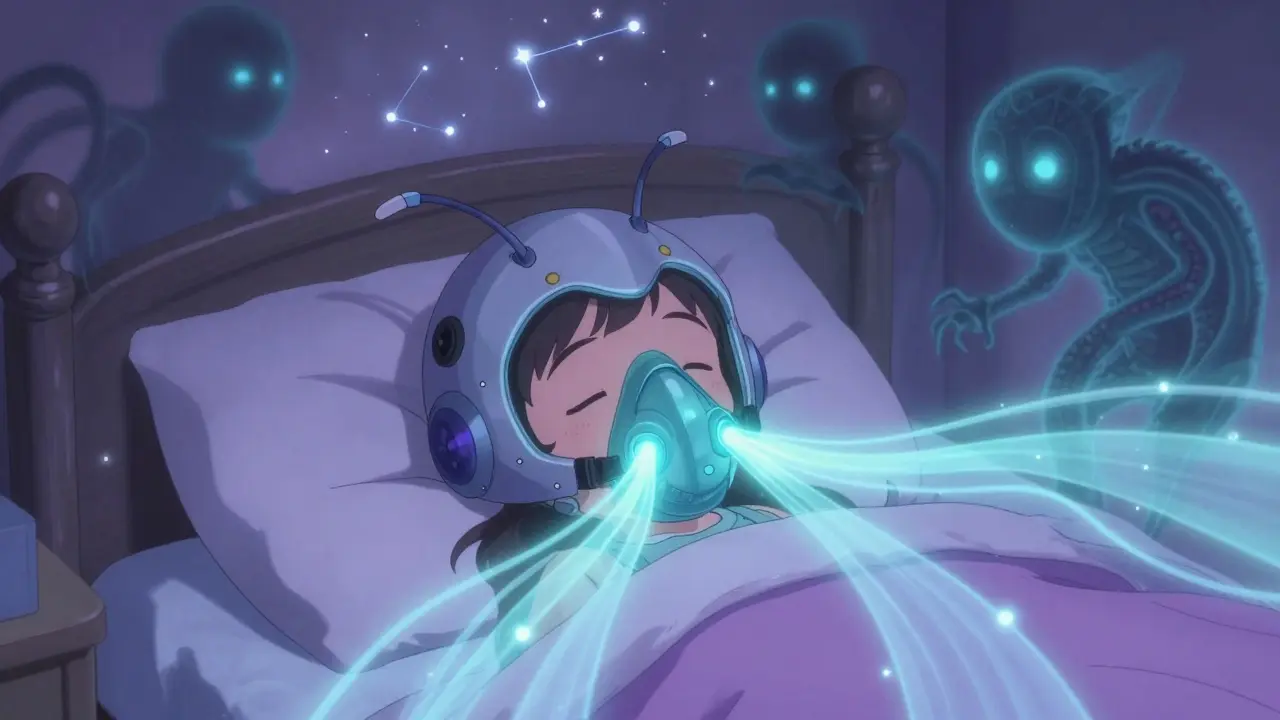 Child wearing a futuristic CPAP mask as shadowy sleep apnea monsters fade away in the dark.