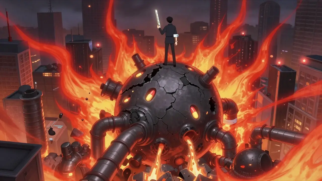 Cracked thermoregulatory core with embedded pills, person holding thermometer at 38.3°C, heat waves radiating.