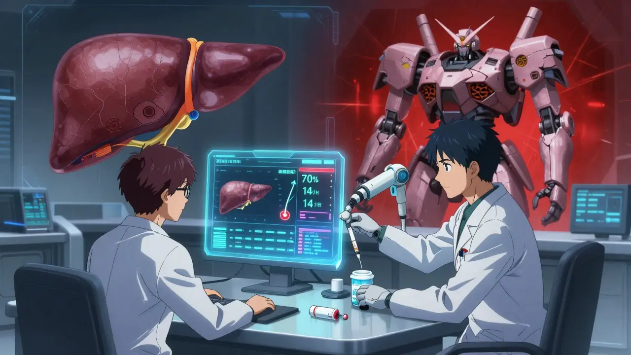 Doctors in exosuits monitor holographic liver data, choosing a safe buprenorphine patch over morphine, healthy and damaged livers shown as contrasting mechs.