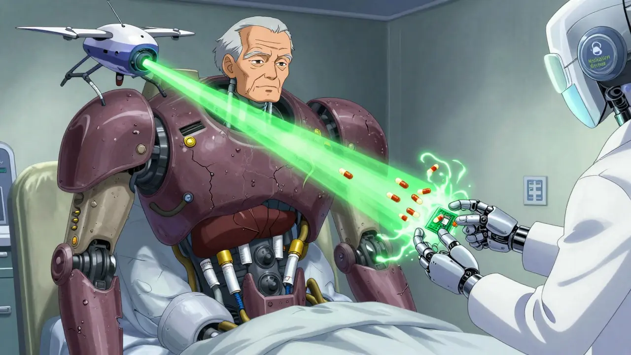 Elderly patient's mech with failing organs, St. John's Wort drone disrupting drug delivery, pharmacist robot intervening.