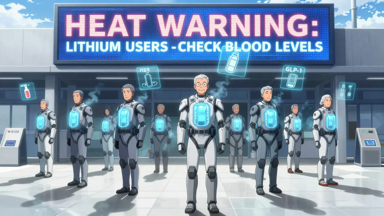Elderly people in cooling exosuits under a heat warning billboard, floating drug icons around them.