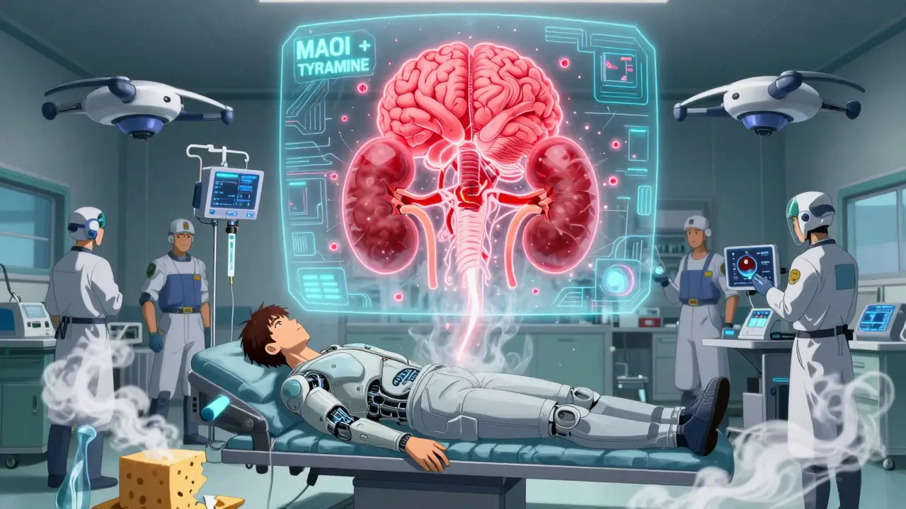 ER scene with a patient connected to a biomechanical IV, holographic organs rupturing, doctors with drones responding to a drug-induced crisis.