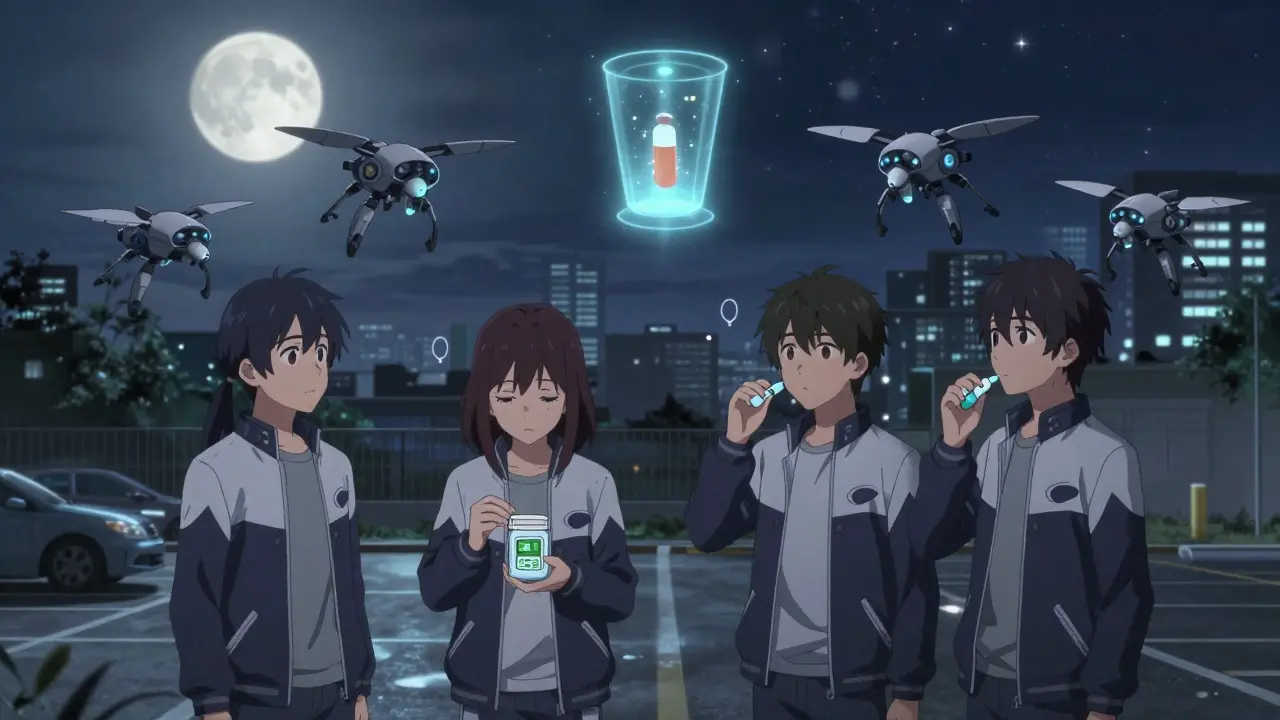 Four teens with medication drones syncing reminders under a starlit sky near a glowing pharmacy drop-box.