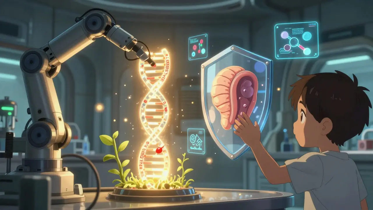 Genetic lab with glowing DNA mutation and protective cochlea shield, symbolizing hope against ototoxicity.