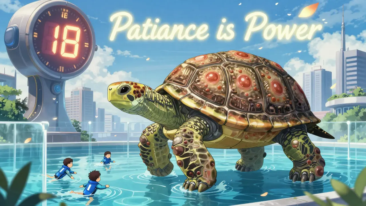 Giant mechanical turtle with skin-cell shell walking through city, children swimming under force fields, countdown to healing in sky.