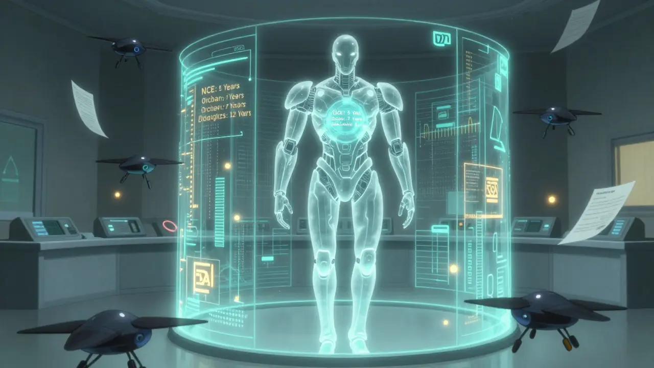 Glowing bio-mechanical guardian made of clinical data protecting FDA control room.