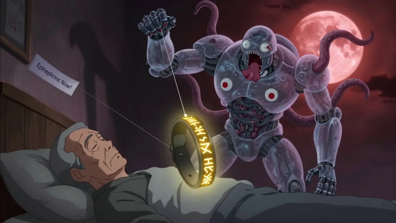 Medical alert bracelet glowing above sleeping person, mecha-anaphylaxis monster rising from their body.