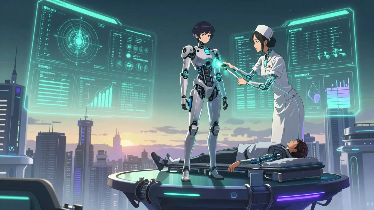 Patient receiving nano-injection from mecha-nurse as AI and QbD systems glow in background.