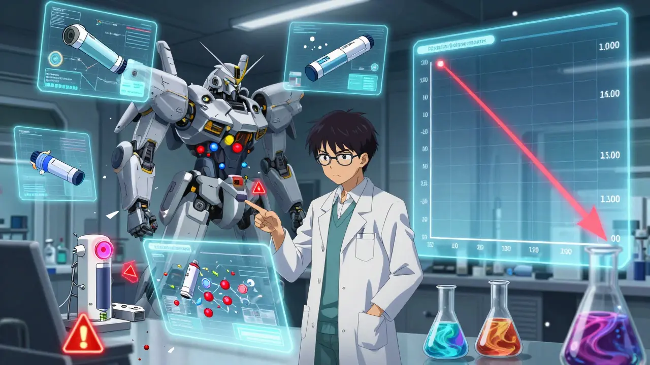Scientist surrounded by holographic drug delivery systems and a collapsing approval graph.