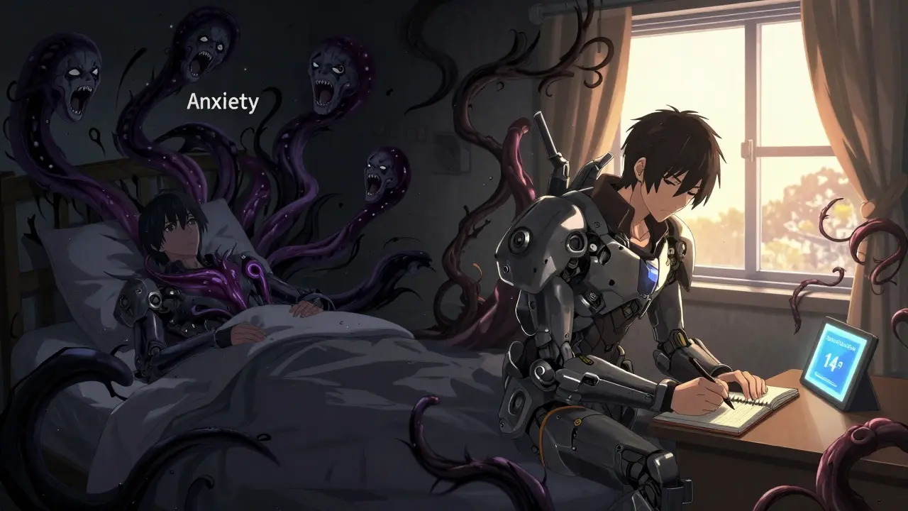 Split scene: anxiety monsters at night vs. calm journaling with sunrise in mecha anime style.