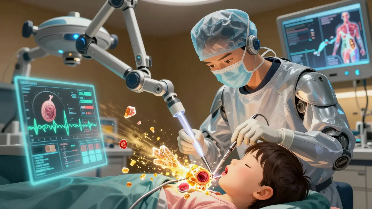 Surgeon removing crystalline tonsil tissue with robotic tools in a high-tech operating room.