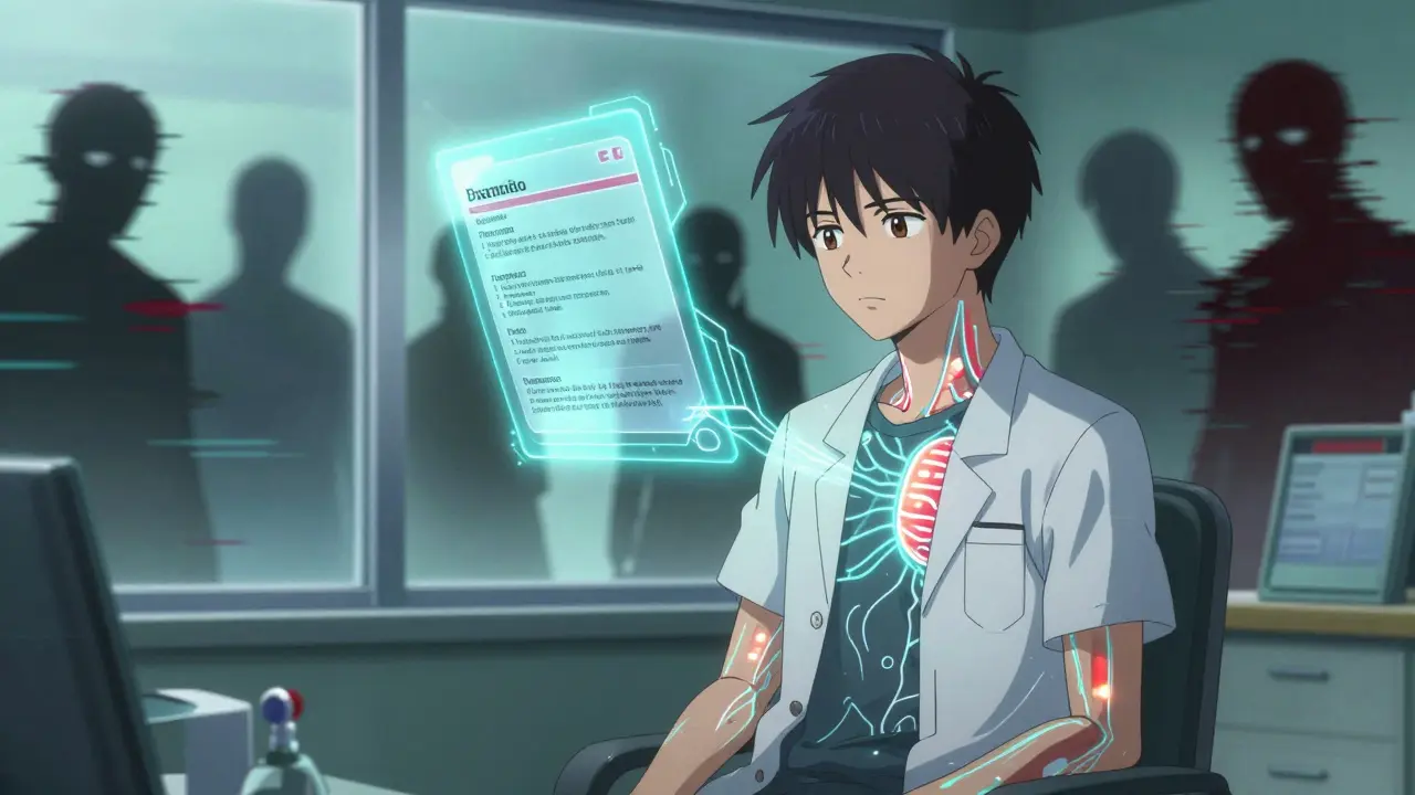 Teen boy in a doctor's office with holographic prescription labels glowing along his neural pathways.