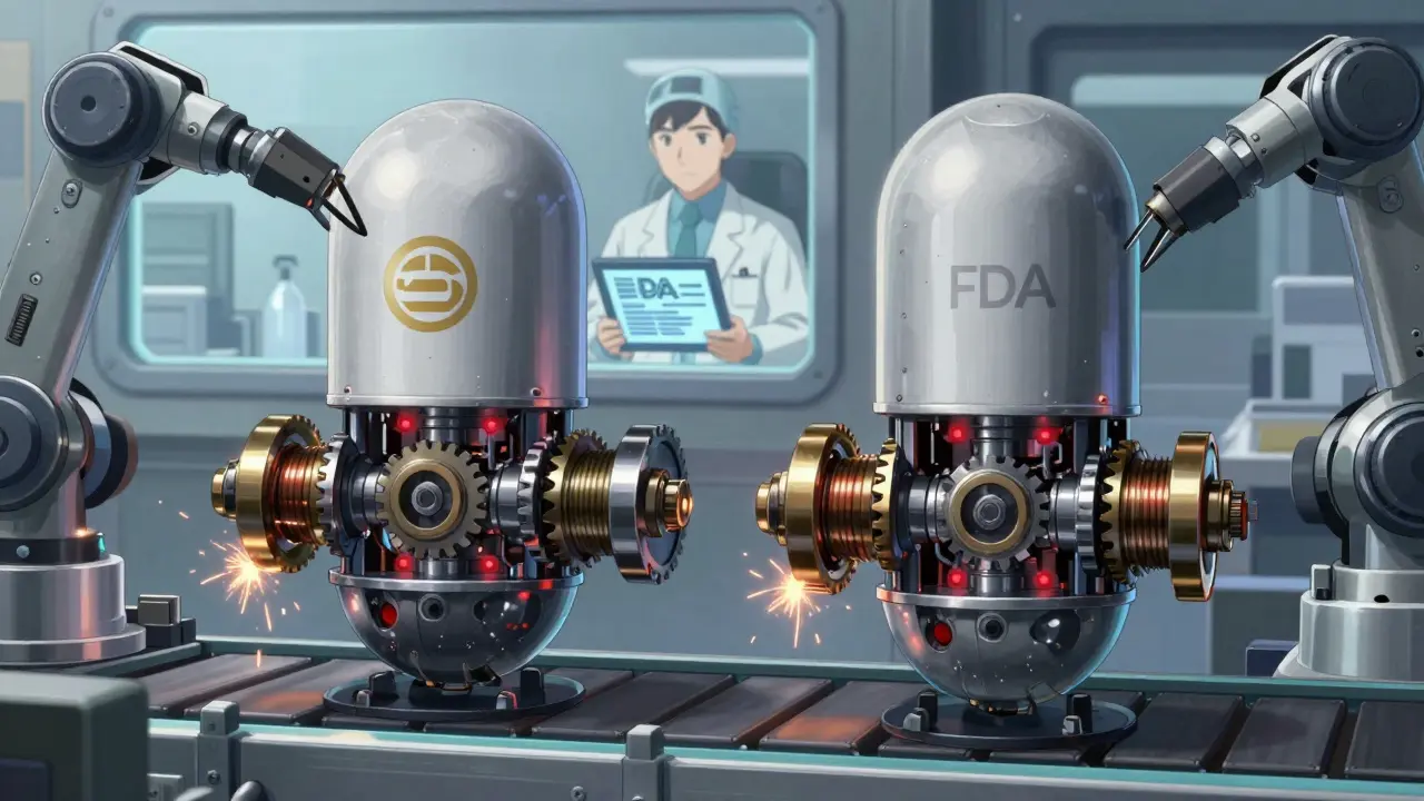 Two identical pill-shaped mechs on a factory belt, one branded and one plain, being assembled with identical internal components.