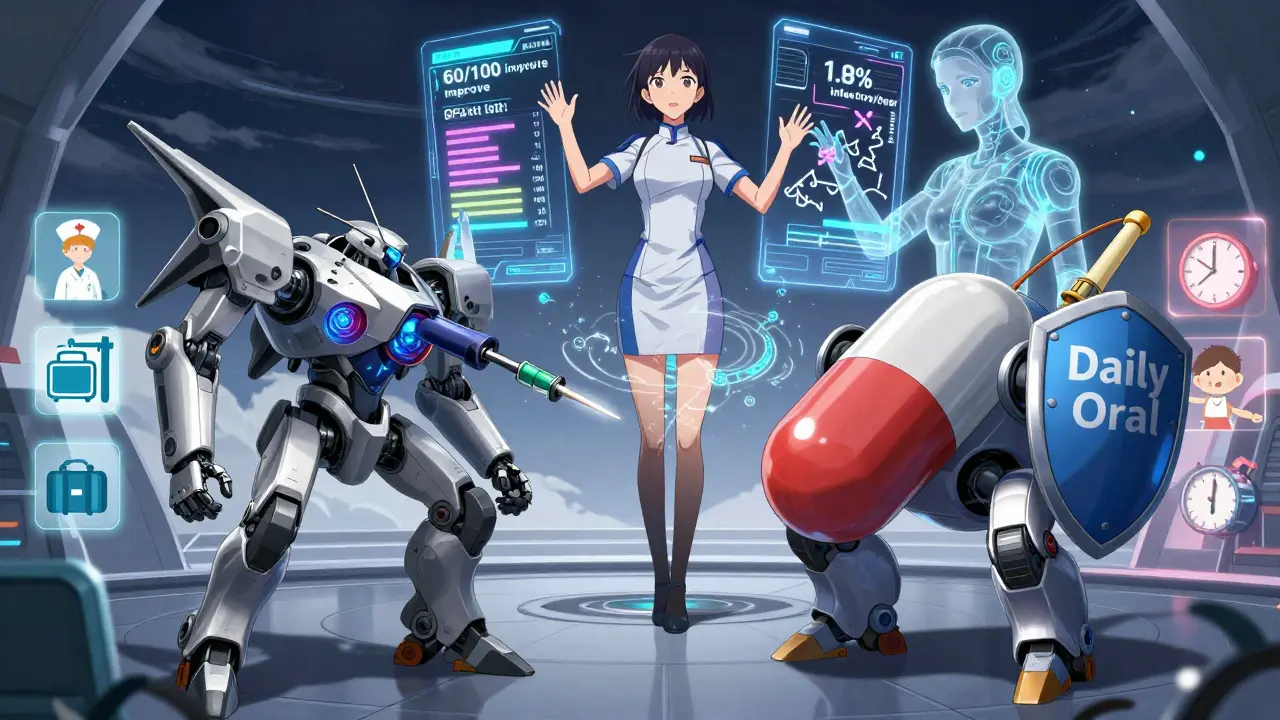 Two opposing medical mechs representing different treatments, with life factors floating around, as a patient activates a decision matrix with AI assistance.