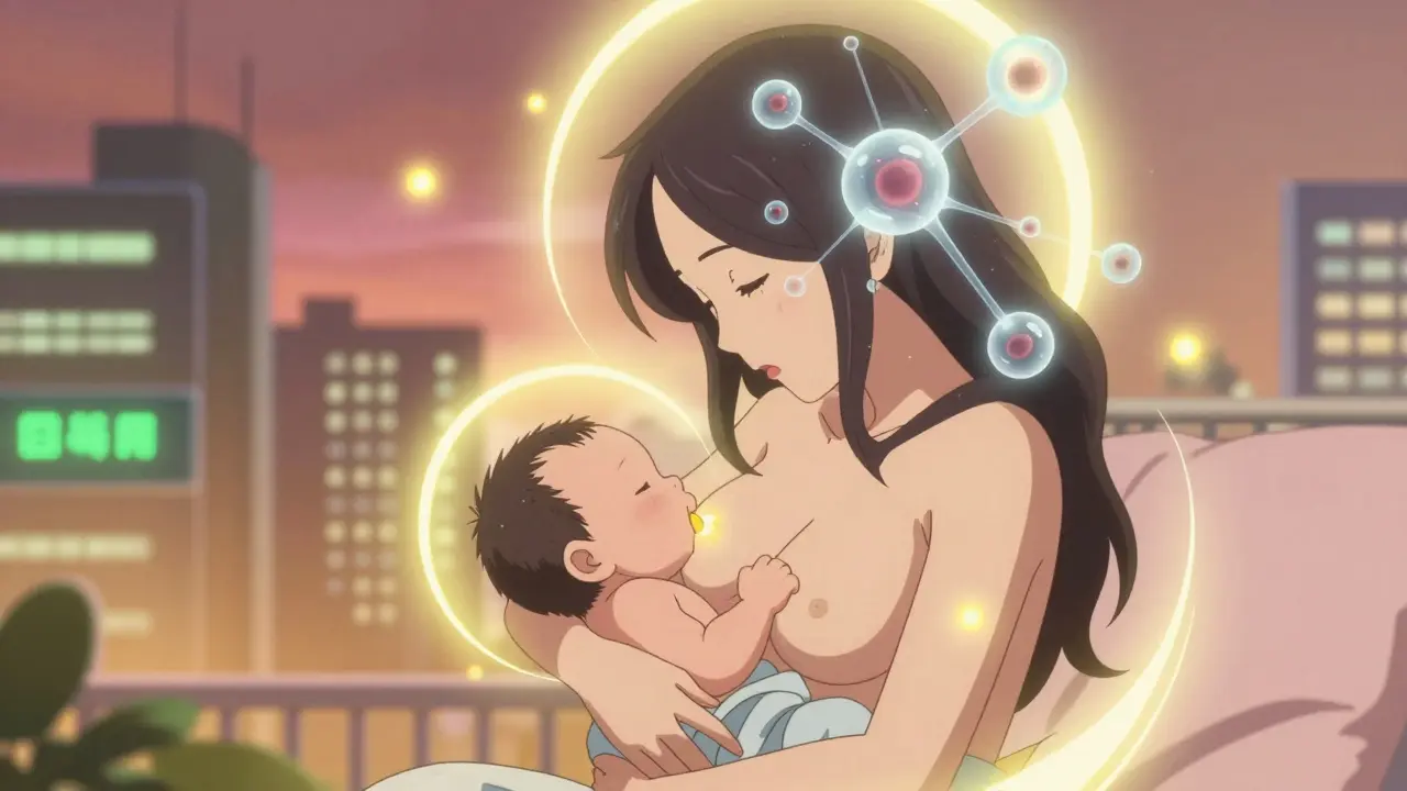 A mother breastfeeding as safe medication molecules float gently around her and baby, glowing with warmth and light.
