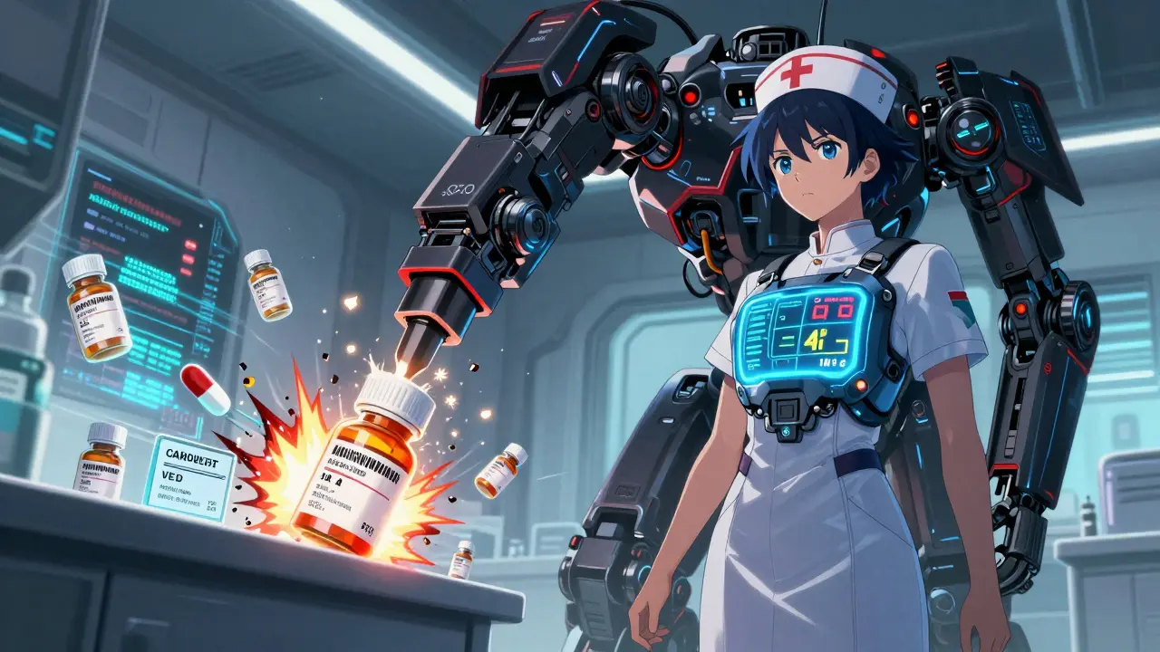 A nurse in armored uniform stands beside a massive system verifying high-alert medication steps with data streams.