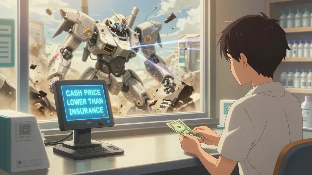 A patient pays cash for a cheap generic pill as a PBM mech breaks down behind them.