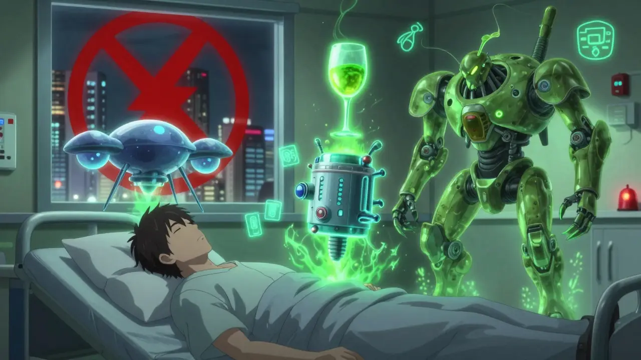 A patient unconscious as medication drones and a wine glass emit toxic energy in a hospital.