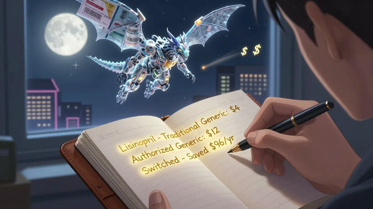 A person logging medication costs in a notebook under moonlight, with a dragon made of pill bottles flying in the night sky.