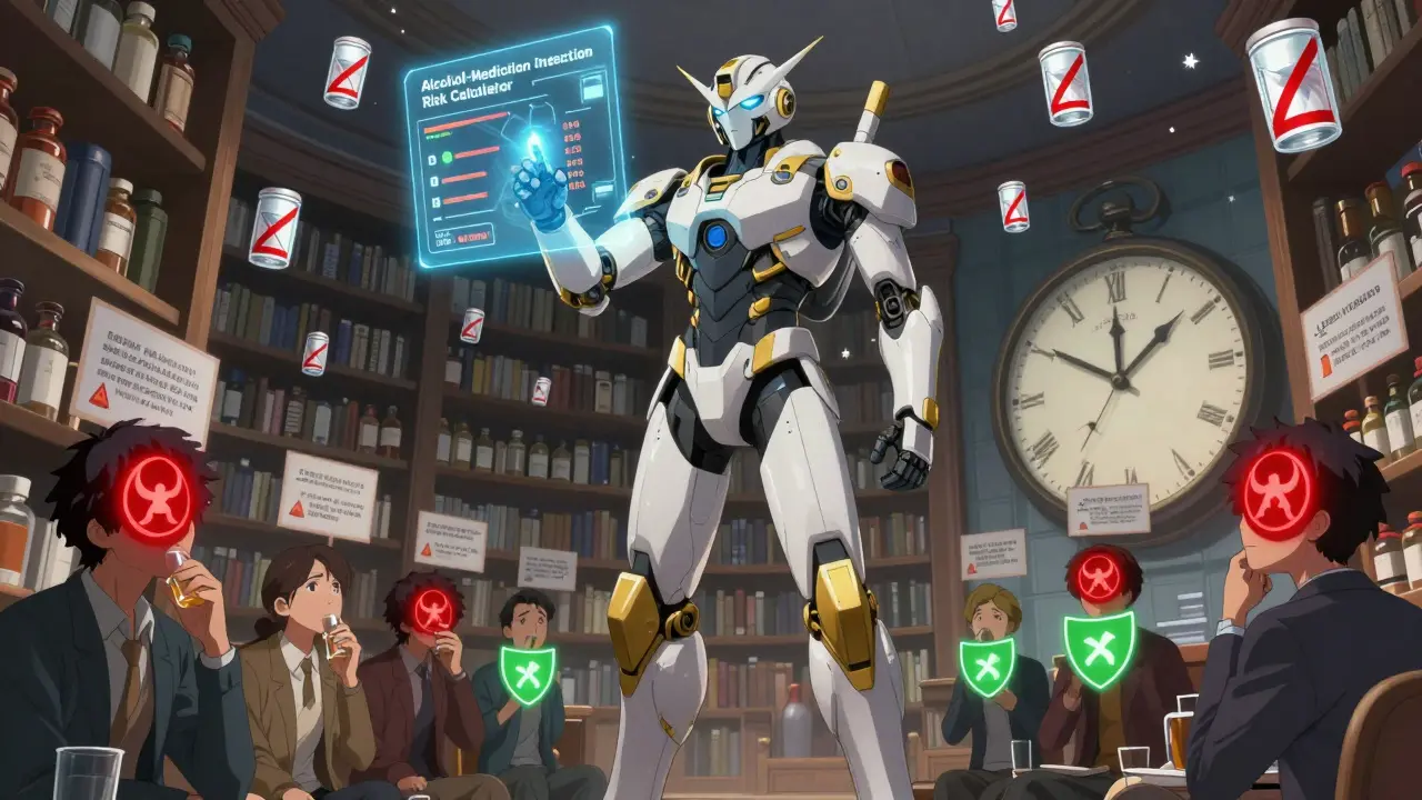 A pharmacist in a mech suit activates a risk calculator while warning symbols hover over citizens.
