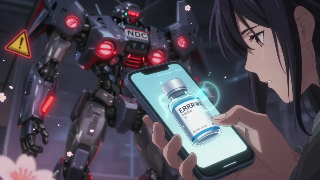 A woman uses her smartphone to zoom in on a prescription label, with digital warning symbols glowing around her in a neon-lit pharmacy.