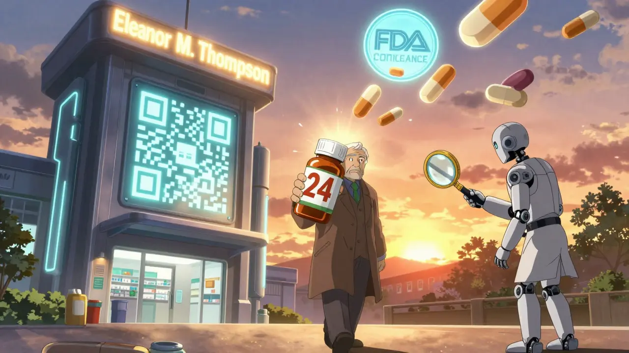 An elderly person exits a pharmacy with a clearly labeled bottle under a glowing FDA compliance seal, as a robotic assistant offers a magnifying katana.