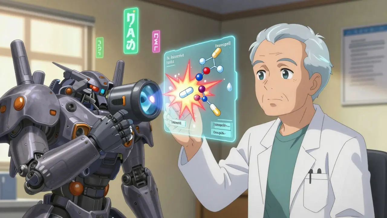 An elderly person using a mechanical device that projects a 3D map of medication interactions.