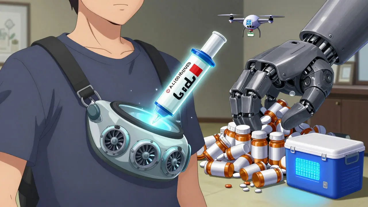 An emergency injector hovers in an armored fanny pack while a biometric cooler glows nearby.