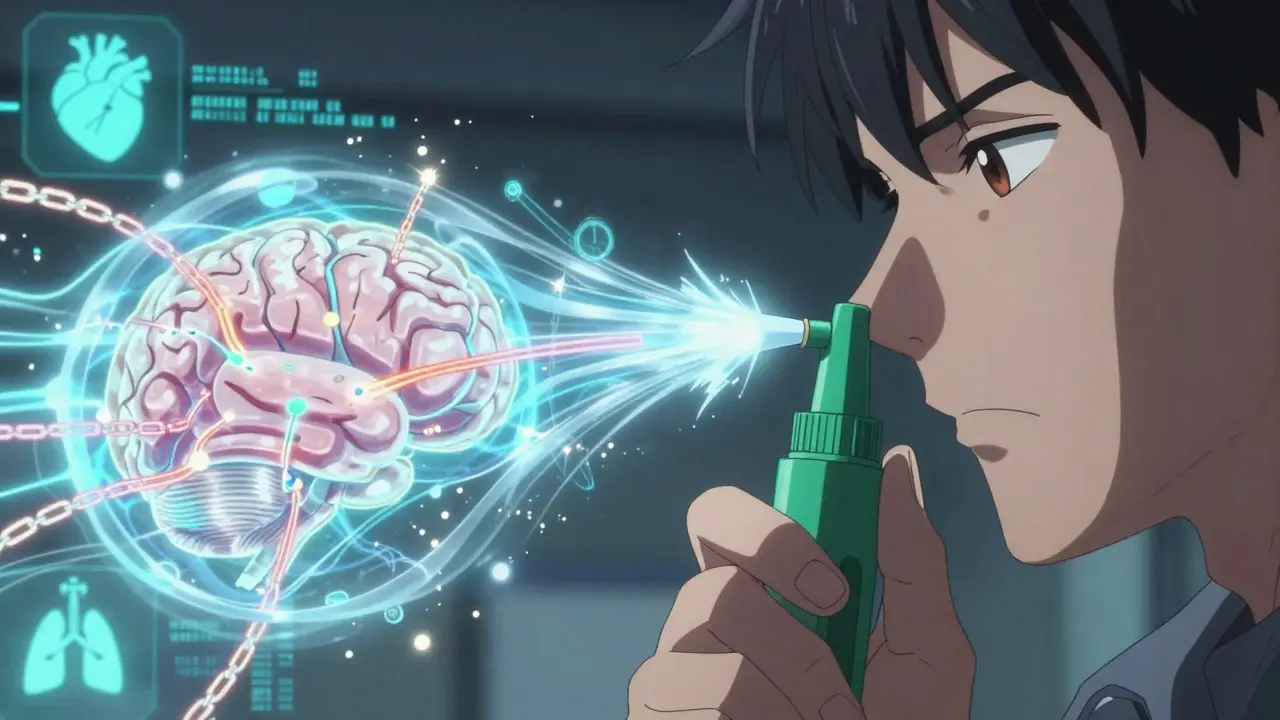 Close-up of a naloxone spray plunger being pressed into a nostril with glowing energy effects.