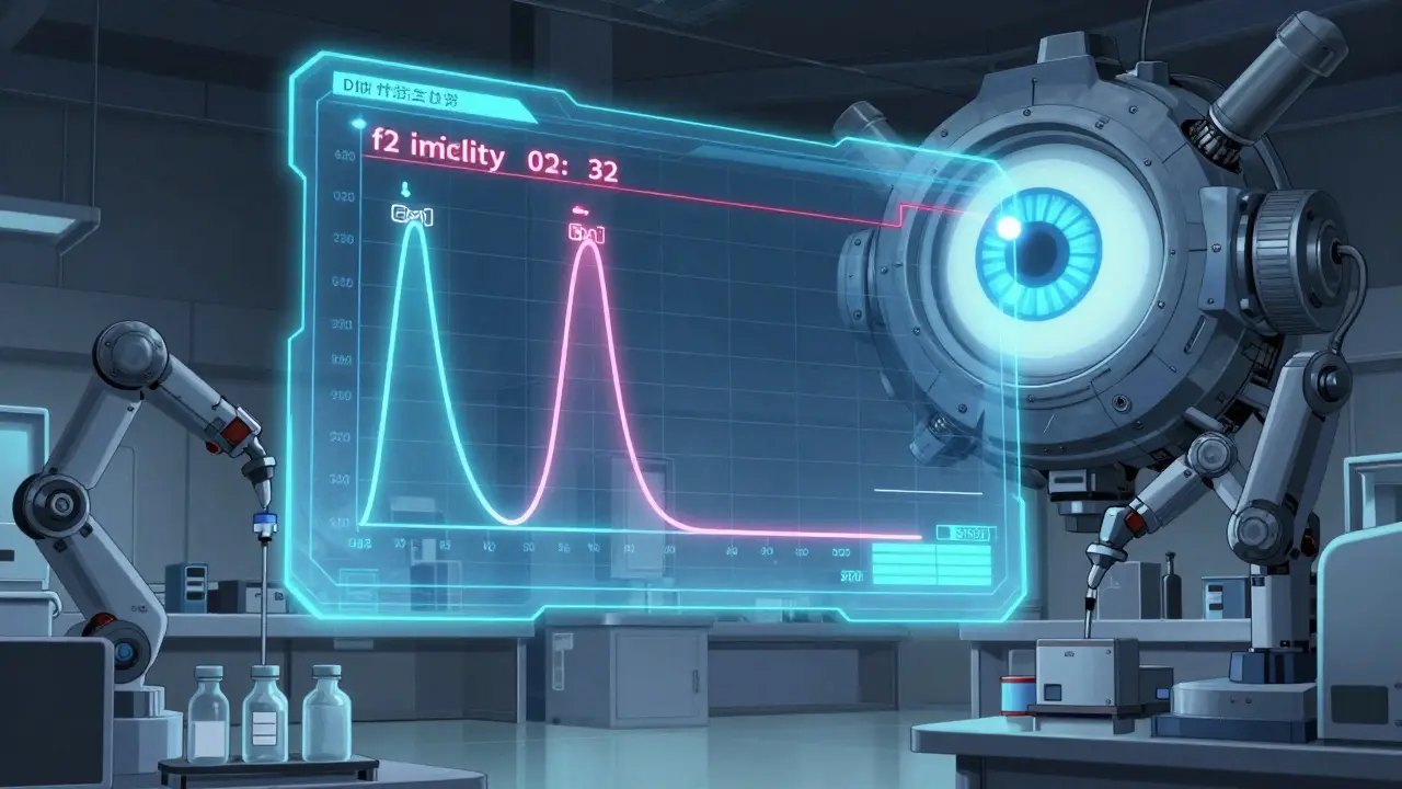 Digital dissolution curves with f2 similarity factor flashing red, robotic arms adjusting test conditions.