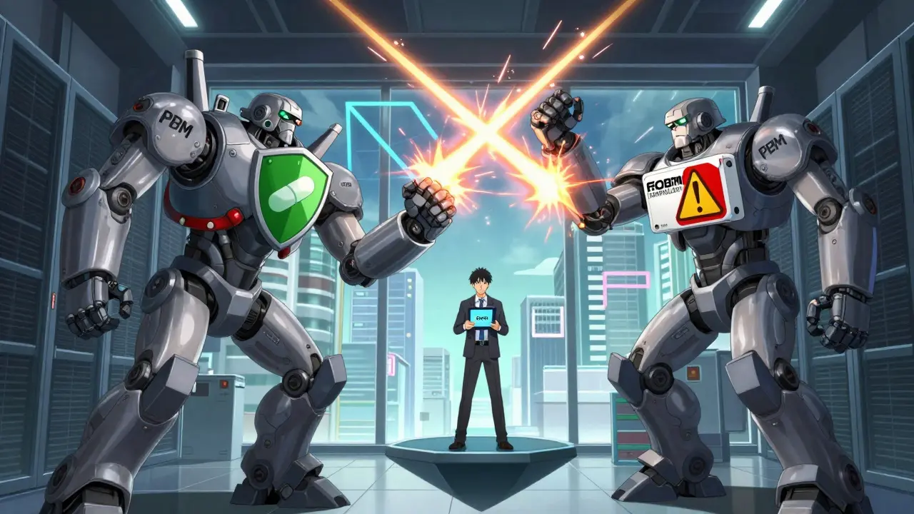 Giant mechanical arms representing insurance systems battling over generic vs authorized generic drugs with data streams and price graphs.