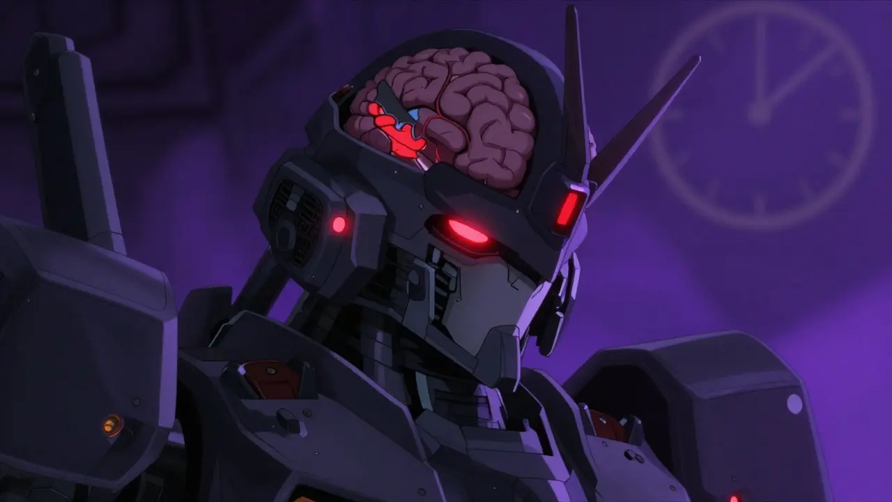 Mecha brain circuitry damaged with red warning lights