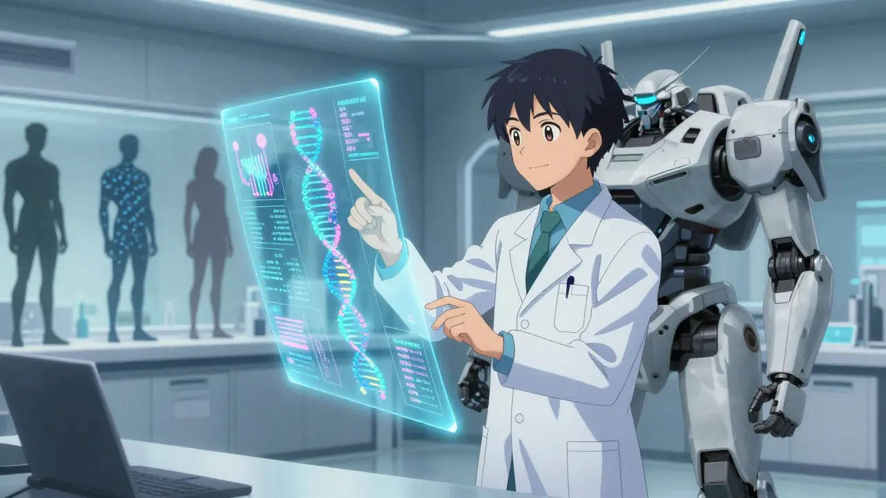 Mecha scientist analyzing holographic genome map with diverse silhouettes