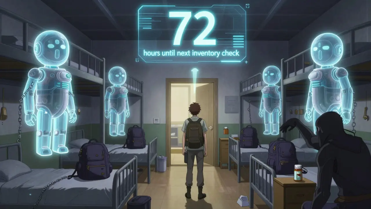 Mechanical guardians protect a locked backpack in a hostel dorm, warning against theft.