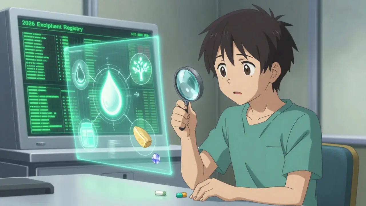 Patient examining a pill with holographic excipient components floating above, FDA database glowing in background.