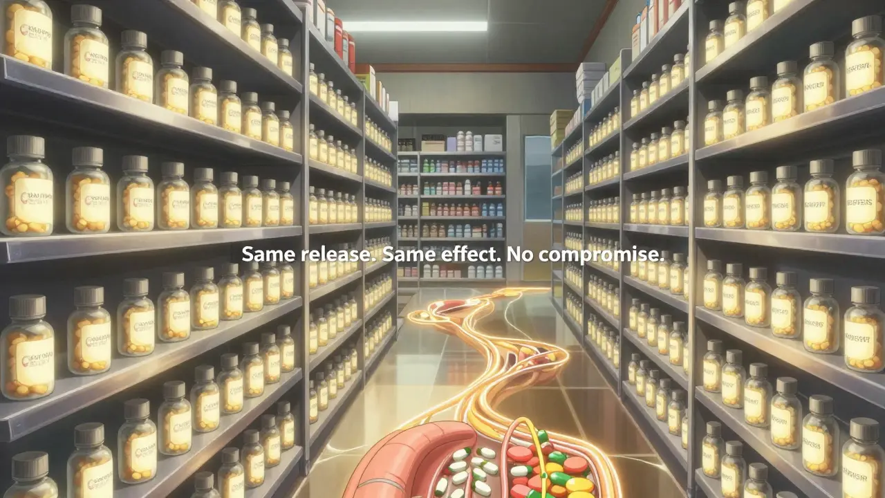 Pharmacy shelf with pills glowing in sync, showing identical drug release patterns in simulated intestines.