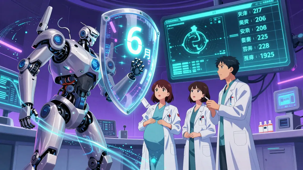 Three robotic specialists working together in a high-tech clinic, managing a prenatal safety shield with real-time data.