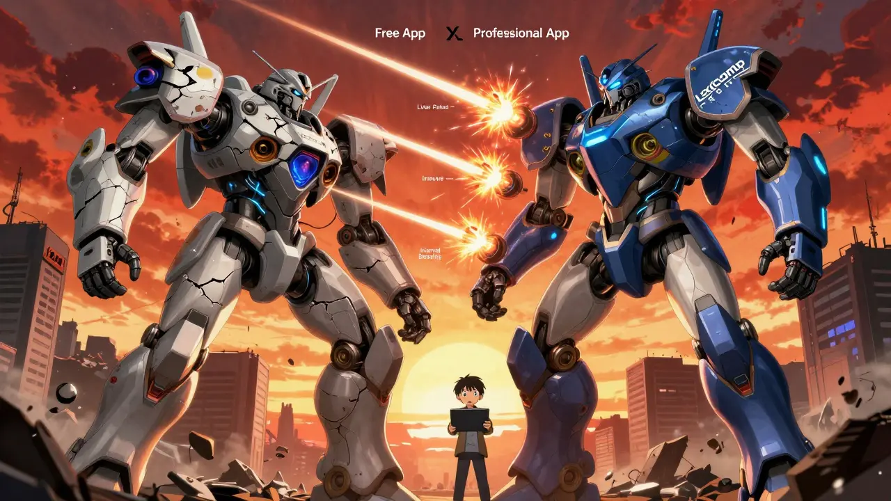 Two giant mech suits battle over drug safety, one powerful and precise, the other broken and fading.