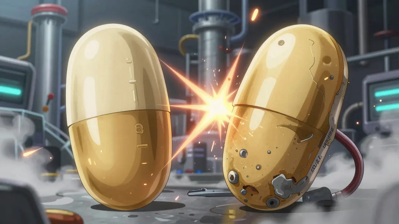 Two pills in combat—one branded gold and precise, the other rugged and exposed—sparks flying between them.