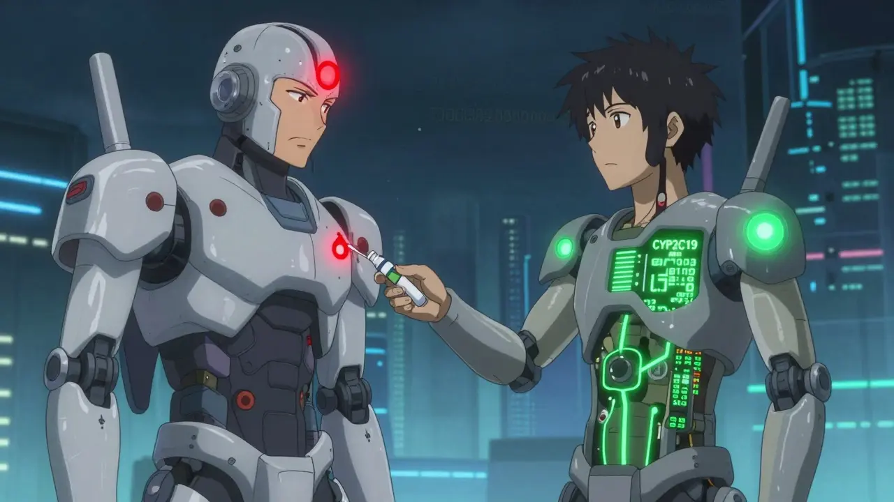 Two robots with red and green lights showing drug dosage differences