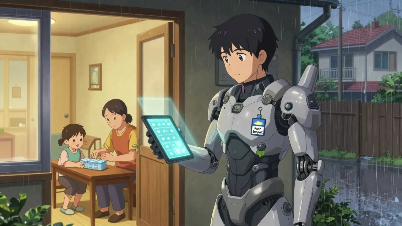 A community health worker in a sleek exosuit helps a family manage medication at home, warm light streaming through a window.