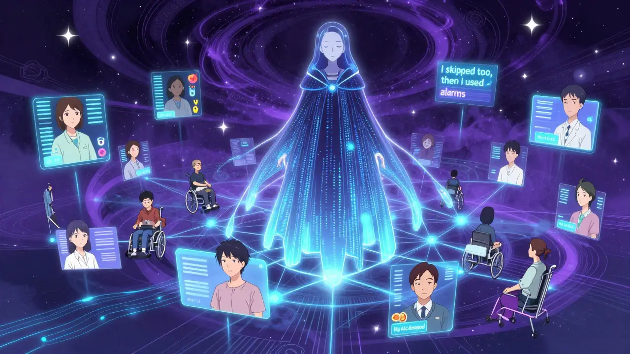 A cyber-network of patient avatars shares medication success stories around a serene AI mentor in a digital cosmos.