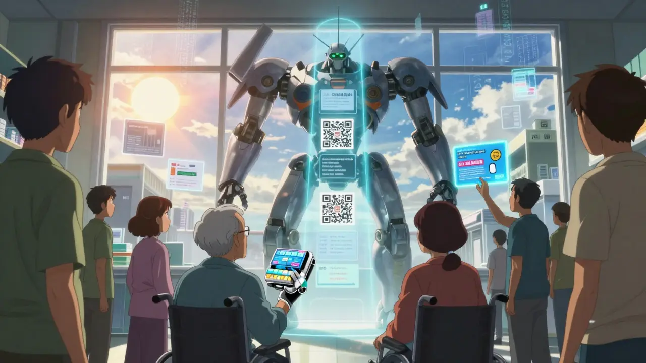 A diverse group of patients receives customized medication support from a giant pharmacist mech projecting helpful visuals.