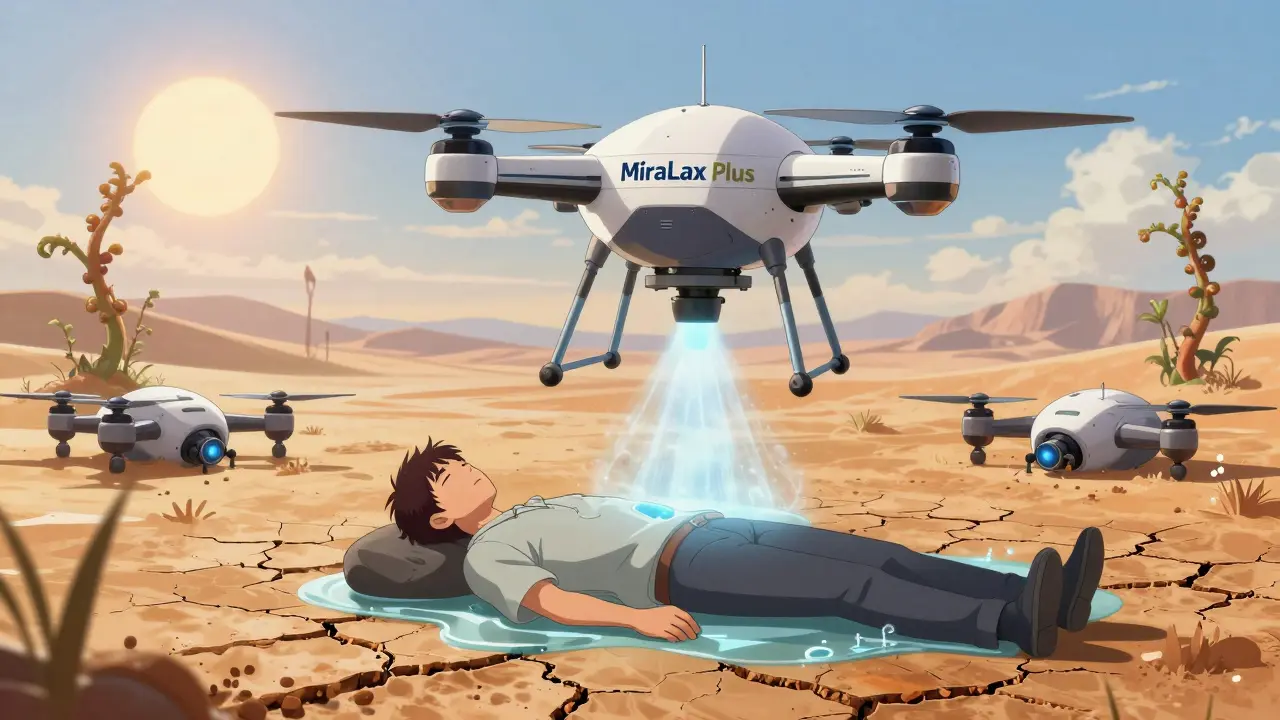 A drone spraying hydrating mist over a dry colon landscape, with fiber vines growing and deactivated stimulant drones in the background.